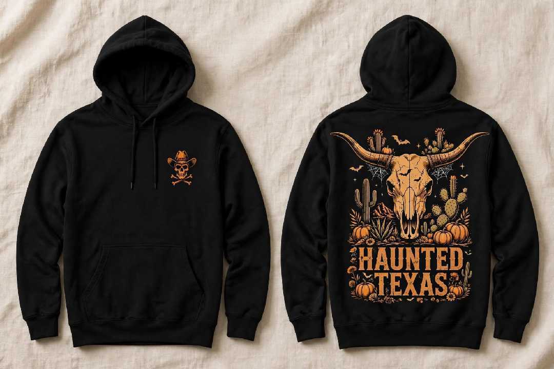 HAUNTED TEXAS front and back hoodie artwork