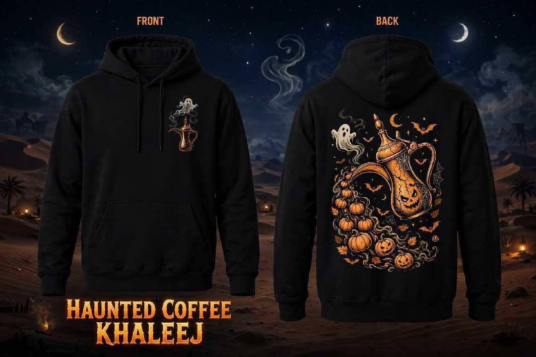 HAUNTED COFFEE KHALEEJ front and back hoodie artwork