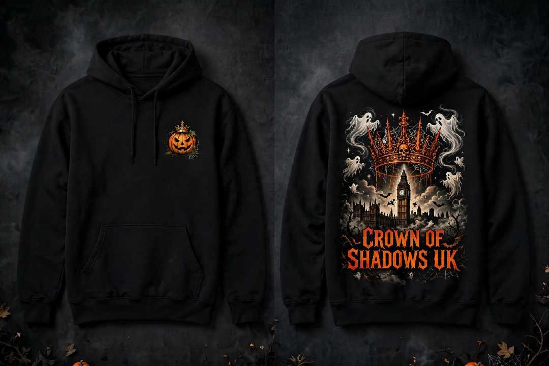 CROWN OF SHADOWS UK black hoodie, front and back